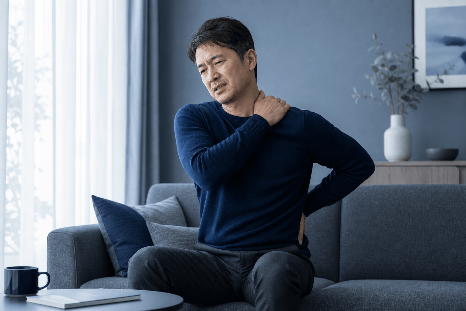 肩こりや腰痛に悩む男性